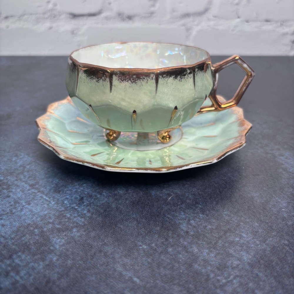 Royal Sealy China Japan Mint Green Lusterware Gold Accent Teacup and Saucer